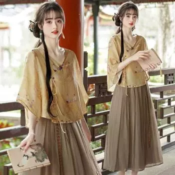 Рубашка с рукавом три четверти с принтом в китайском стиле, комплект из двух частей Hanfu с V-образным вырезом и завязками на рукавах L разноцветный