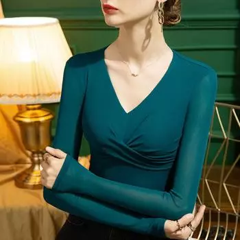 Рубашка с сетчатой подкладкой и v-образным вырезом для женщин, облегающая рубашка с небольшими длинными рукавами, сексуальный модный обтягивающий топ S чёрный