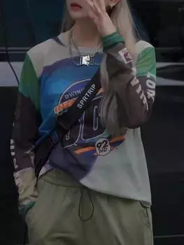 Рубашка с сетчатым дном женская весна-лето 2024, новая модная футболка с круглым вырезом и принтом, универсальная иностранная футболка с длинными рукавами S