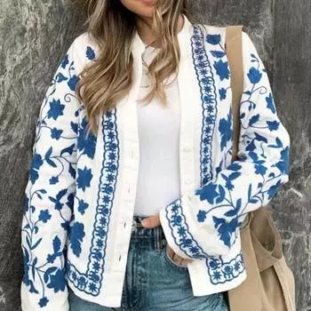 Рубашка с v-образным вырезом и длинным рукавом, однобортная женская блузка с цветочной вышивкой для свиданий L белый