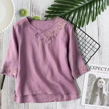 Рубашка с v-образным вырезом и рукавами три четверти, повседневный топ с пуговицами в китайском стиле и цветочной вышивкой. XL белый