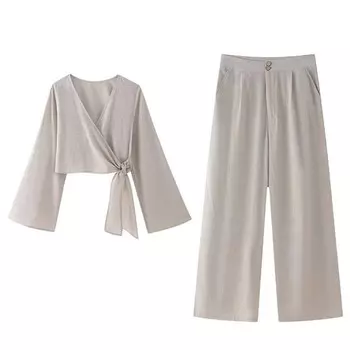 Рубашка с V-образным вырезом на шнуровке, брюки, костюм для женщин, свободные топы с расклешенными рукавами, брюки с карманами на молнии, женские наряды M