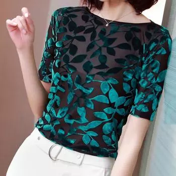 Рубашка с V-образным вырезом, женская, весна-осень, модная, черная, флокированная, сетка, женская, со средними рукавами, модная, темпераментная рубашка S чёрный