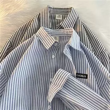 Рубашка с вертикальными полосками и длинными рукавами для мужчин на весну и осень, повседневная рубашка для молодежи на широкую ногу M синий