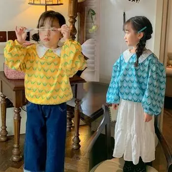 Рубашка с воротником с лацканами для девочек, длинные рукава, пуловер, базовый топ 15 синий