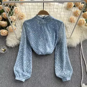 Рубашка с воротником-стойкой, женская весенне-осенняя свободная и нежная шифоновая рубашка с длинными рукавами и ветром с цветочным узором, шифоновый топ с рукавами-фонариками