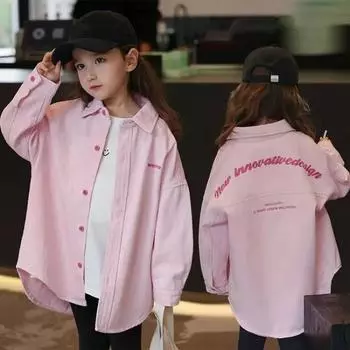 Рубашка с вышитыми буквами для девочек, повседневная куртка с лацканами для детей среднего и большого размера 170