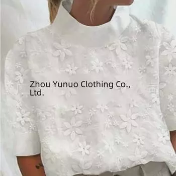 Рубашка с вышитыми лацканами из хлопка и льна 2023 года — женская с коротким рукавом, в европейском и американском стиле Extra Large белый