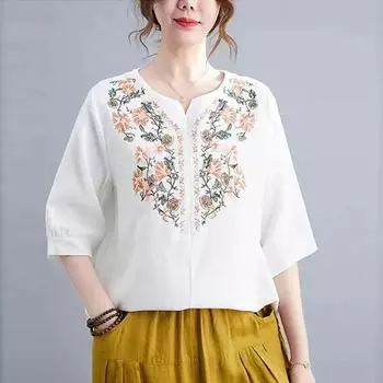 Рубашка с вышивкой и V-образным вырезом, рукав пять точек, женская ретро литературная хлопковая и льняная блузка в стиле вестерн XXXXL белый
