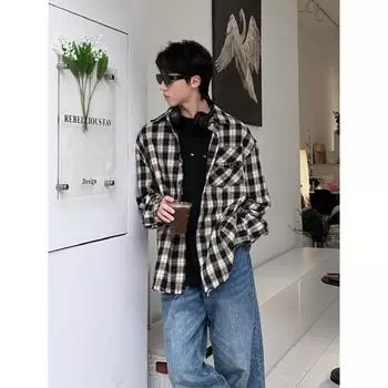 Рубашка с вышивкой в клетку с начесом и каймой от американского модного бренда, повседневная универсальная рубашка для мужчин и женщин на весну и осень M чёрный