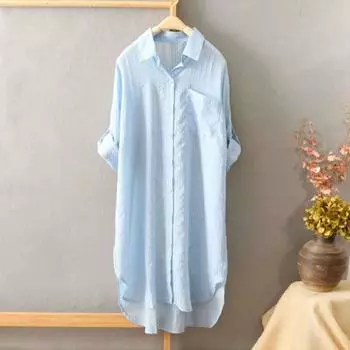 Рубашка с высоким и низким рукавом большого размера, пальто с длинным накладным карманом, однобортная рубашка в клетку с принтом средней длины, солнцезащитная рубашка M синий