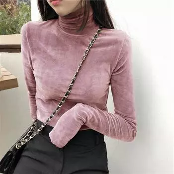 Рубашка с высоким воротником, женская повседневная футболка с длинными рукавами, юбка, рубашка, блузка, женская эластичная рубашка в стиле ретро с высоким воротником M розовый