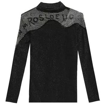 Рубашка с высоким воротом и бархатной основой для женщин с осенне-зимним тяжелым ромбовидным верхом, сексуальная ажурная футболка с длинными рукавами, рубашка Temperament M чёрный