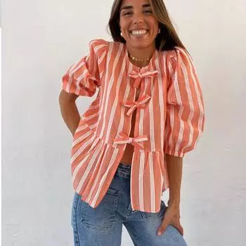 Рубашка со шнуровкой и бантом в полоску, плиссированная, женская, с круглым вырезом, с коротким рукавом, блузка-фонарик 2024 года, весна-лето, женская, повседневная, уличная одежда M оранжевый