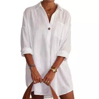 Рубашка средней длины, белая, розовая, с V-образным вырезом и длинными рукавами, свободная однотонная рубашка для женщин S белый