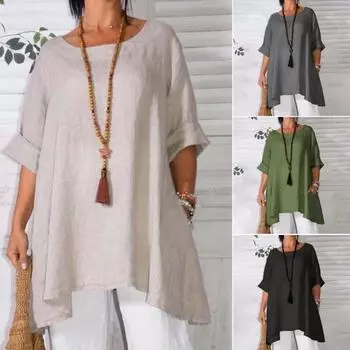 Рубашка средней длины с нерегулярным подолом и круглым вырезом, однотонная пуловерная блузка с длинными рукавами 3XL серый