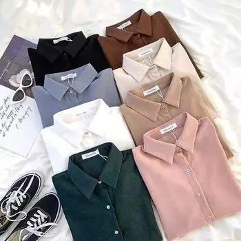 Рубашка свободного кроя из вельвета с отворотом Temperament, однобортная, универсальная, свободного кроя, однотонная, на осень и зиму, для женщин S розовый