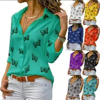 Рубашка свободного кроя с разноцветным принтом бабочек для женщин 4XL чёрный