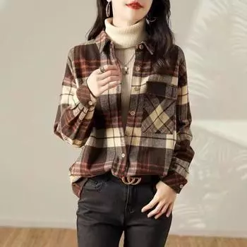 Рубашка свободного покроя из теплого бархата в клетку в стиле ретро, универсальная, с узким воротником поло и длинными рукавами M