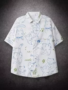 Рубашка свободного покроя свободного покроя с рисунком кота Prinr Hawaii Short Men Shirt Man American Printing Summer Universal для пар в уличном стиле XL белый