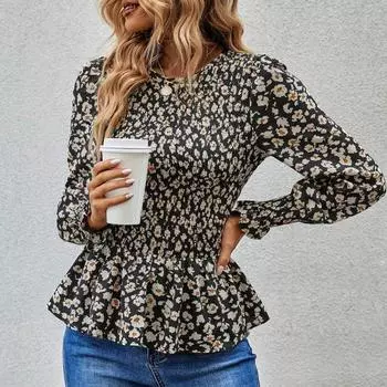 Рубашка-туника с круглым вырезом, облегающая, легкая, простая, в стиле ретро, топ с цветочным принтом, женская одежда XL