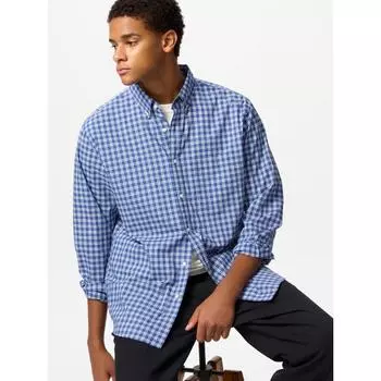 Рубашка Uniqlo BroadCloth с длинным рукавом и воротником-стойкой в клетку C 64 BLUE/MEN S