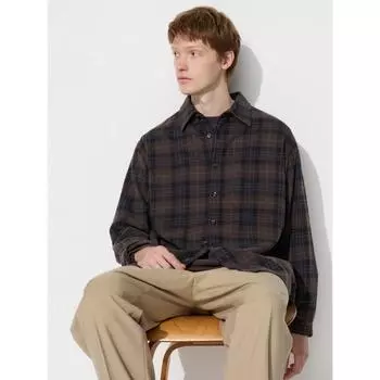 Рубашка Uniqlo Flannel с длинным рукавом, обычная, в клетку, D 38 DARK BROWN/UNISEX S