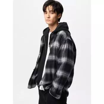 Рубашка Uniqlo FlAnnel с длинным рукавом, обычная, в клетку A 09 BLACK/UNISEX S