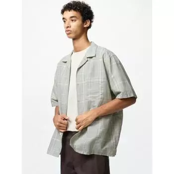 Рубашка Uniqlo из хлопка и льна с коротким рукавом в клетку 50 LIGHT GREEN/MEN S