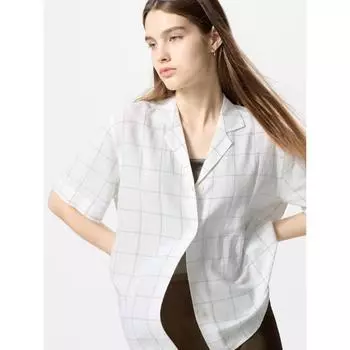 Рубашка Uniqlo из льняной смеси с открытым воротником и короткими рукавами в клетку 00 WHITE/WOMEN XS