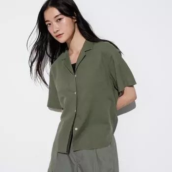 Рубашка UNIQLO из смесового льна с открытым воротником и короткими рукавами