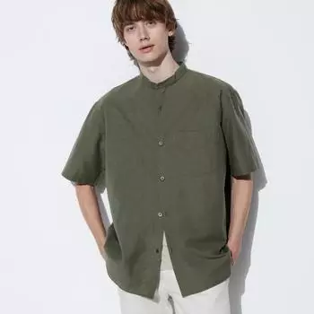 Рубашка UNIQLO JAPAN из хлопка и льна с воротником-стойкой и короткими рукавами
