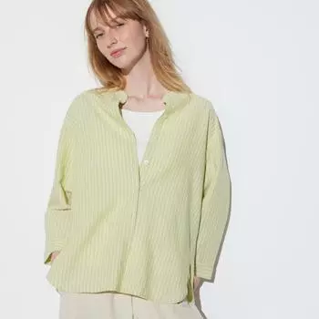 Рубашка UNIQLO JAPAN из смесового льна в полоску с воротником-стойкой, рукава 3 и 4
