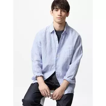 Рубашка Uniqlo Premium Linen с длинным рукавом в полоску B 03 GRAY/MEN S