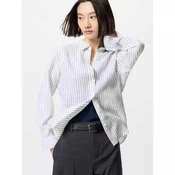 Рубашка Uniqlo Premium Linen с длинным рукавом в полоску 01 OFF WHITE/WOMEN XS