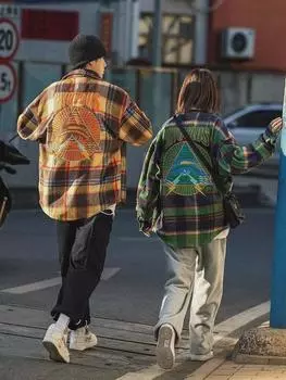 Рубашка унисекс в модную вышитую клетку: Свободный, с длинным рукавом, идеально подходит для весны и осени M оранжевый