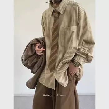 «Рубашка унисекс в японском ретро-стиле с длинным рукавом в полоску — свободная, универсальная, модная весна» L