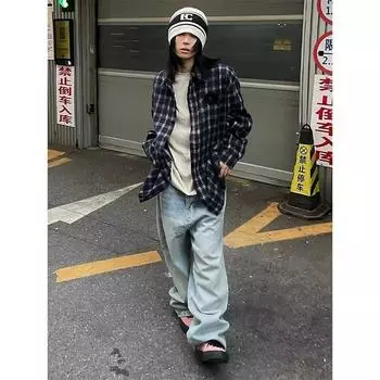 Рубашка в американскую клетку для женщин, весна и осень, новый дизайн больших размеров, цветная рубашка с длинным рукавом, высококачественное пальто для пар M синий