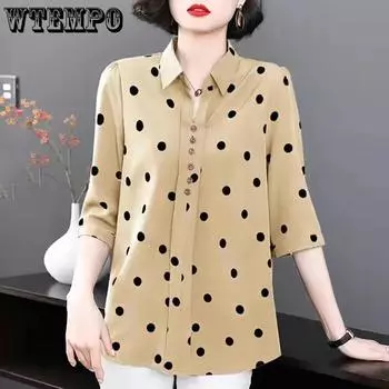 Рубашка в горошек женская летняя повседневная рубашка с короткими рукавами и топом со средними рукавами S хаки