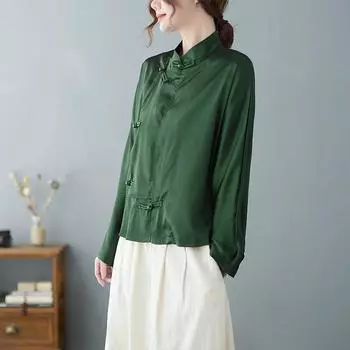 Рубашка в китайском этническом стиле, темно-зеленая женская рубашка Cheongsam Tang, винтажная женская традиционная китайская блузка S темно-зеленого