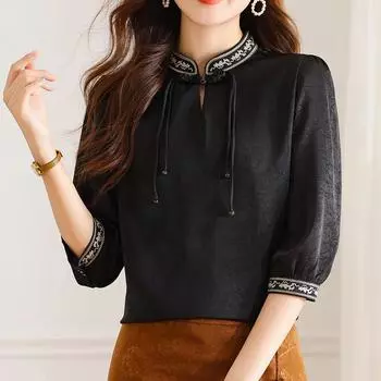 Рубашка в китайском национальном стиле с верхом со средним рукавом, универсальная для женщин, вышитая рубашка с воротником-стойкой в стиле ретро XXXL чёрный