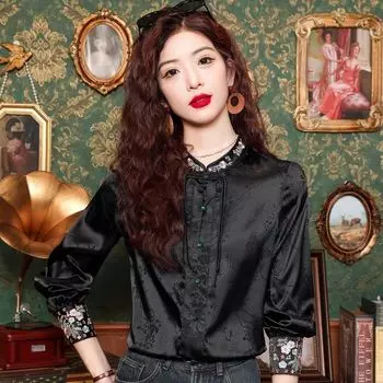 Рубашка в китайском стиле женская в стиле ретро с длинным рукавом и воротником-стойкой, вышитый топ 2XL