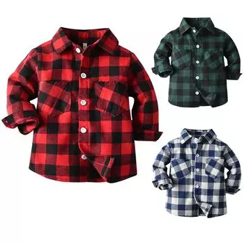 Рубашка в клетку для малышей, детская теплая рубашка с длинными рукавами и лацканами 110