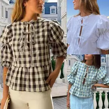 Рубашка в клетку для отдыха с полыми рукавами и двойными пузырьковыми рукавами для женского топа