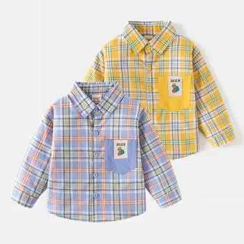 Рубашка в клетку из чистого хлопка для мальчиков, новая осенняя одежда, детская одежда на весну и осень, детская рубашка с длинными рукавами для малышей, прилив 90cm