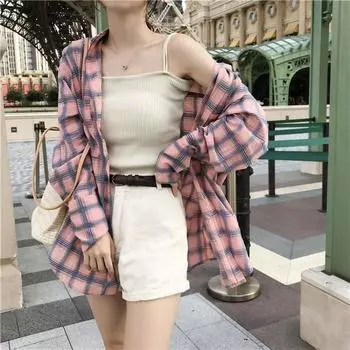 Рубашка в клетку Lazy Style для женщин, новая свободная рубашка Bf Sunscreen, дизайн, чувство стиля вестерн, тренд с длинными рукавами S синий