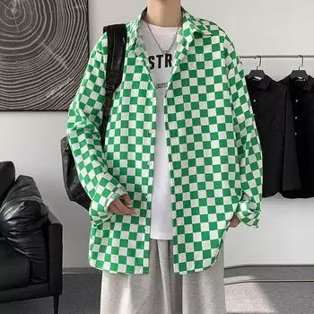 Рубашка в клетку мужская летняя из тонкого ледяного шелка, модный бренд Ins, персонализированное пальто в гонконгском стиле в шахматную клетку, красивая рубашка с длинным рукавом Ruan M чёрный