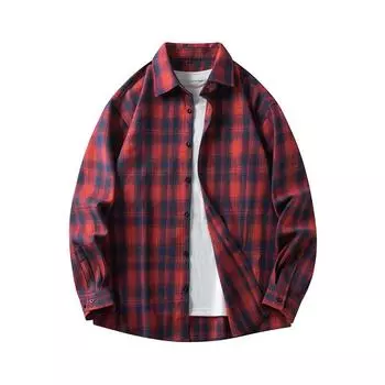 Рубашка в клетку мужская осенняя винтажная свободная и универсальная рубашка с длинным рукавом M синий