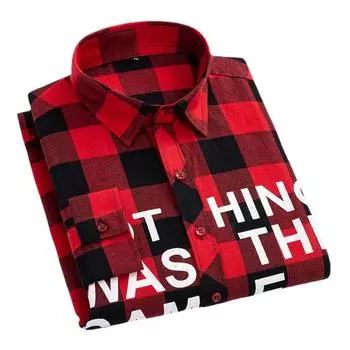 Рубашка в клетку Мужская рубашка с длинными рукавами и принтом в виде букв Тонкая рубашка M красный