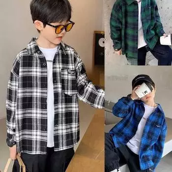 Рубашка в клетку с длинным рукавом для мальчиков — осень 2022 г., стильный уличный стиль для детей 120 синий
